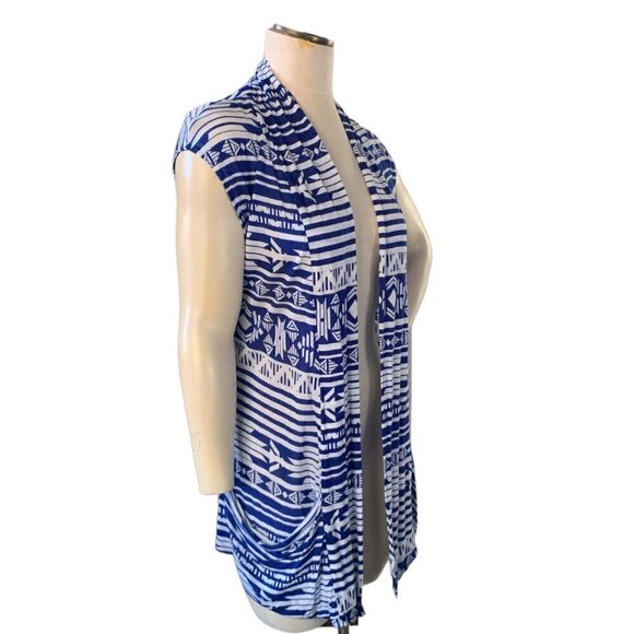 Derek Heart M Lightweight Vest Cardigan Blue White Aztec Tribal Pockets 109C - Picture 3 of 9